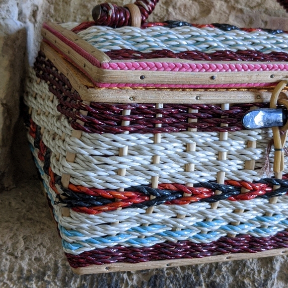 Vintage Red, Black & Turquoise Wicker and Wood Sewing Basket - Picture 4 of 16
